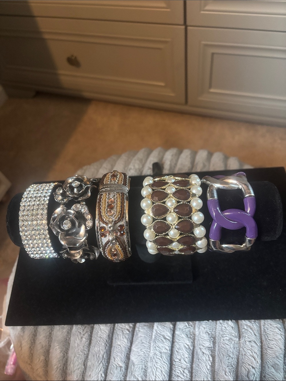 5 Vintage statement bracelets.  3 are stretchy and 2 are cuffs.